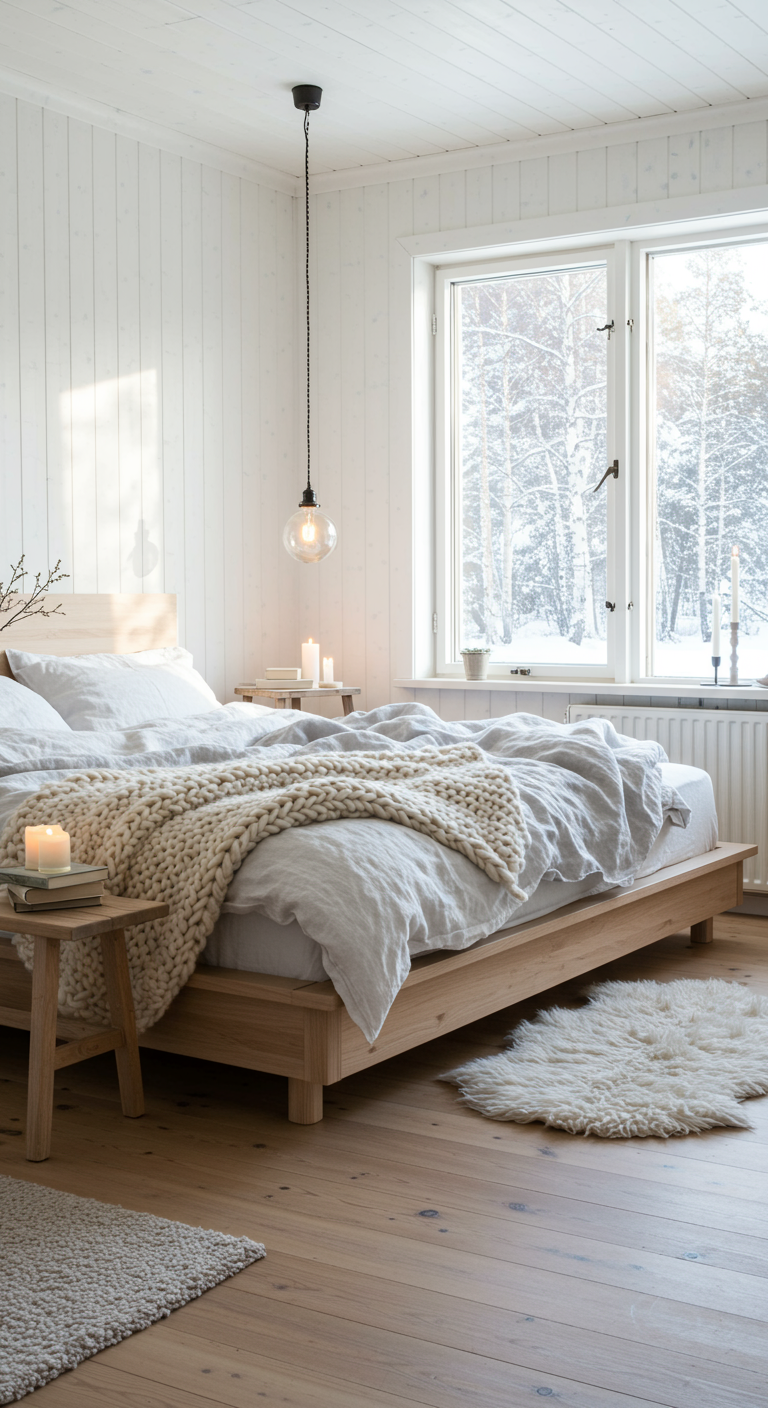 Helles skandinavisches Schlafzimmer mit Holzbett und Blick in verschneiten Wald.