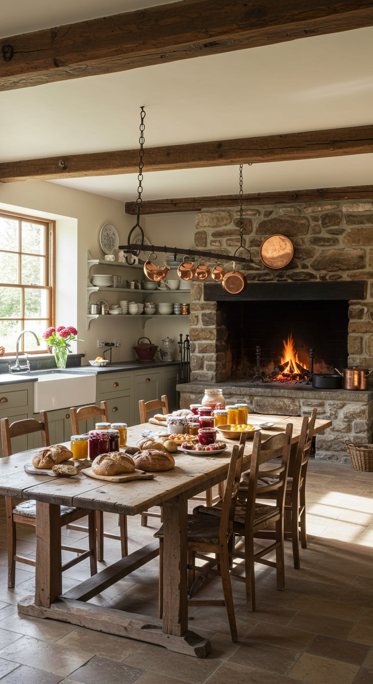 Rustikale Landhausküche mit Steinkamin und großem Holztisch.