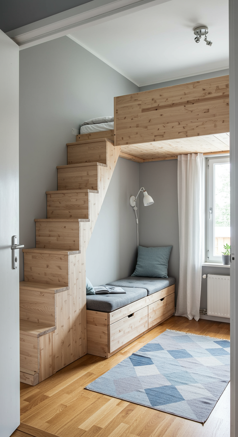 Kleines Schlafzimmer mit Hochbett aus Holz, Treppe mit Stauraum und Sitznische darunter.