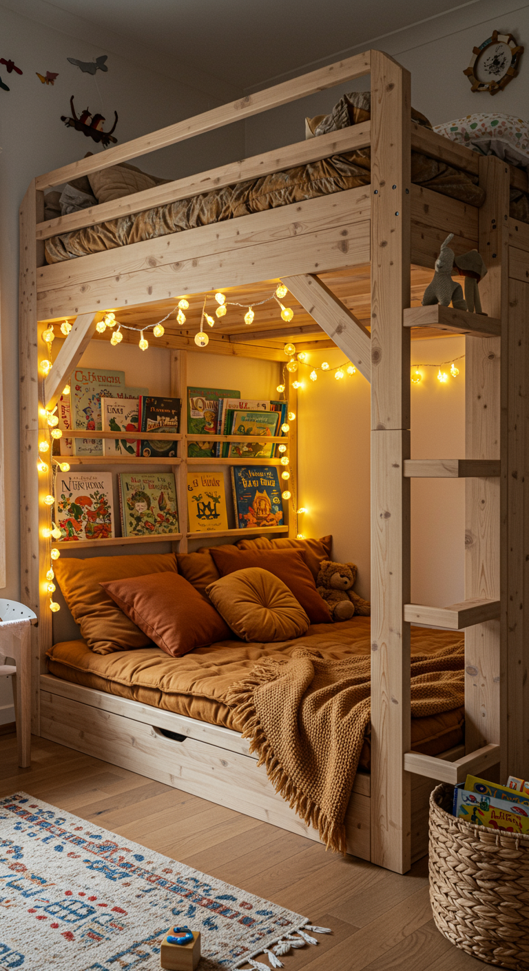 Gemütliche Leseecke unter Holz-Hochbett mit Lichterketten und senfgelben Kissen.