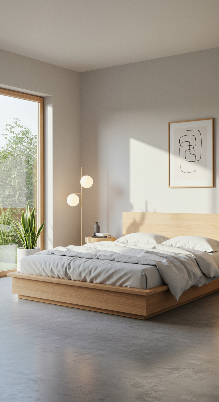 Helles minimalistisches Schlafzimmer mit Holzbett und großem Fenster.