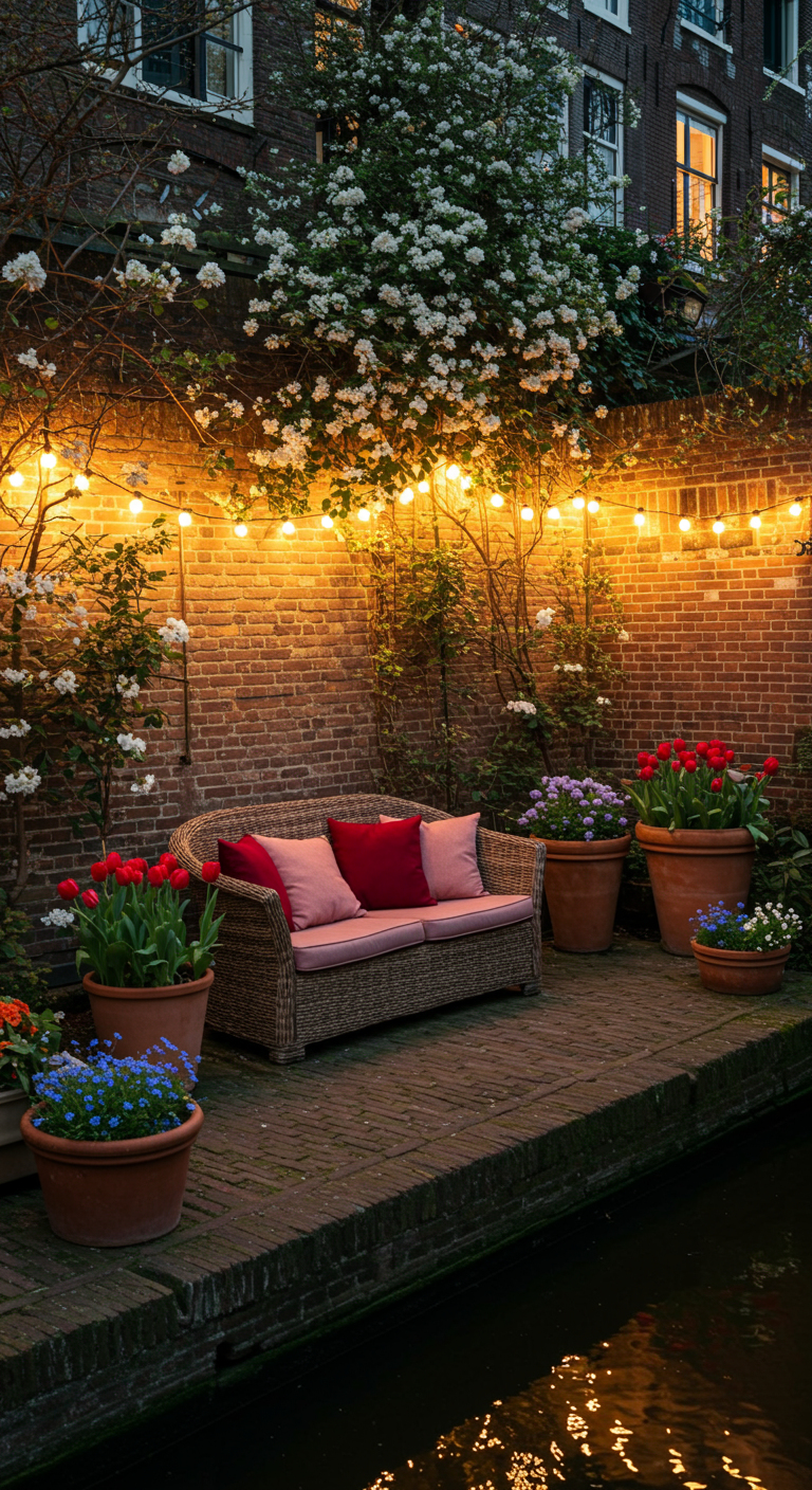 Romantische Rattan-Bank mit Kissen an einer Gracht, beleuchtet von Lichterketten.