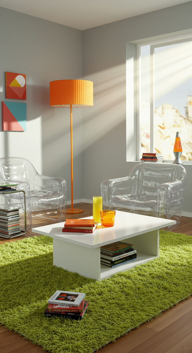 Helles Wohnzimmer im 2000er-Stil mit transparenten aufblasbaren Sesseln und oranger Stehlampe.