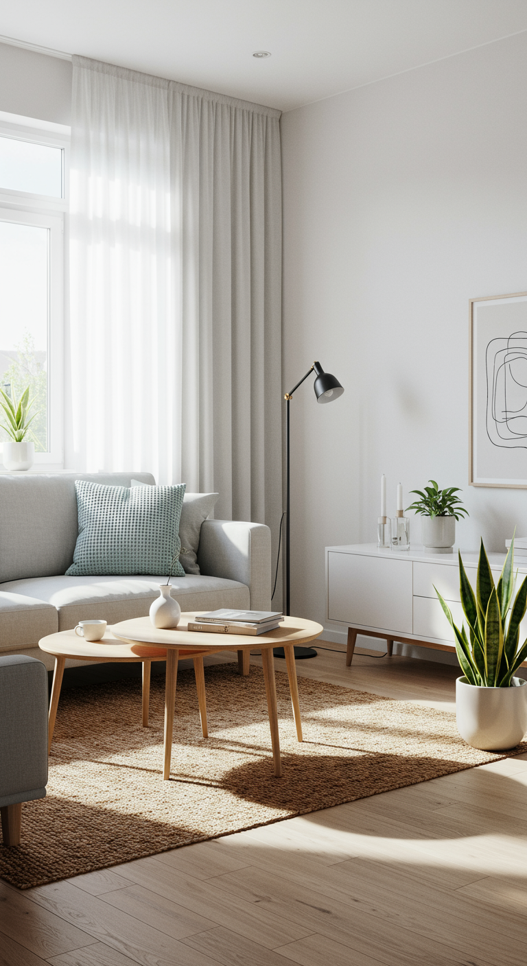 Helles Wohnzimmer mit grauer Couch, Holztisch und weißen Vorhängen.