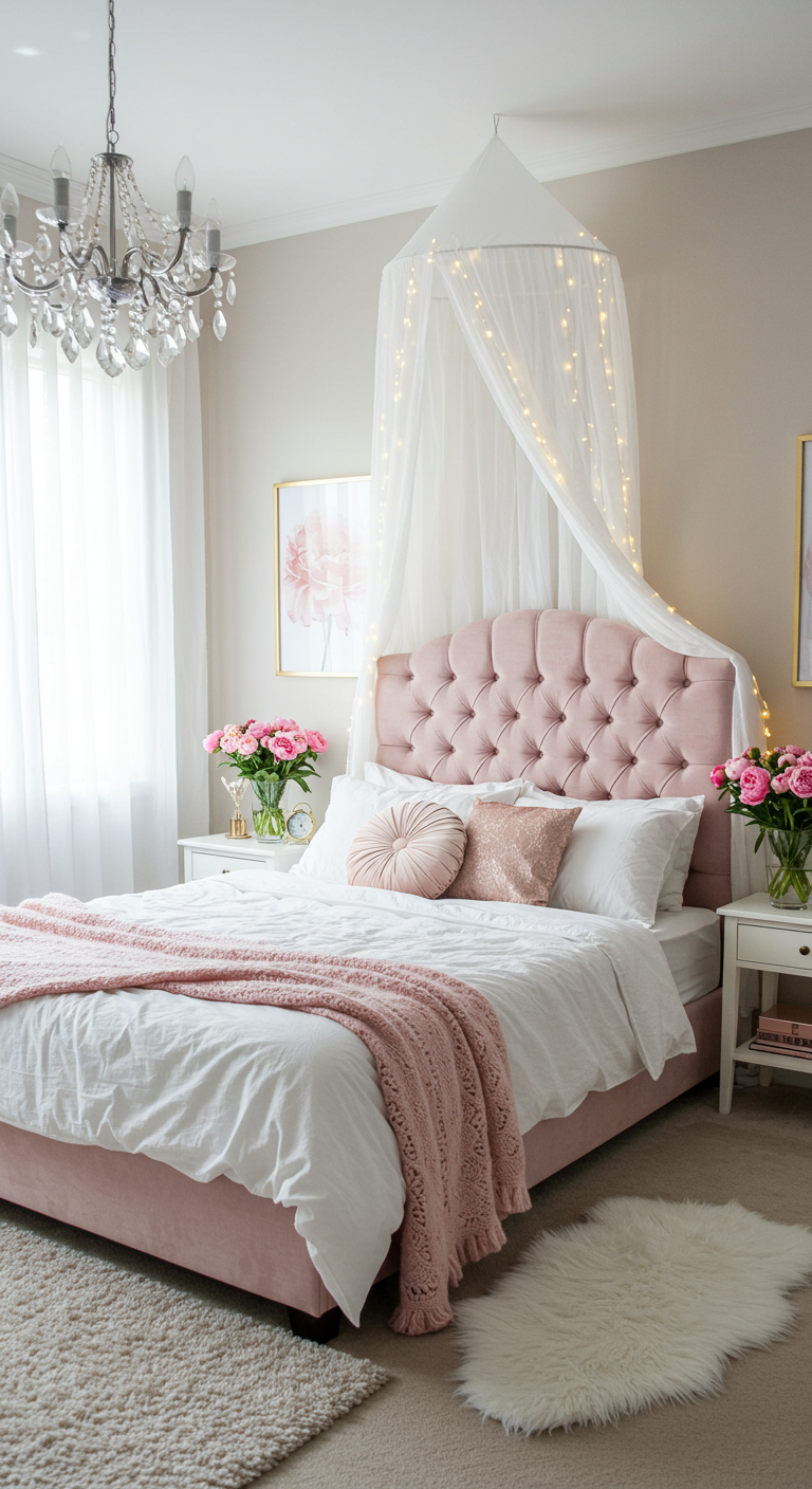 Elegantes rosa Schlafzimmer mit Baldachin, Lichterkette und Kronleuchter.