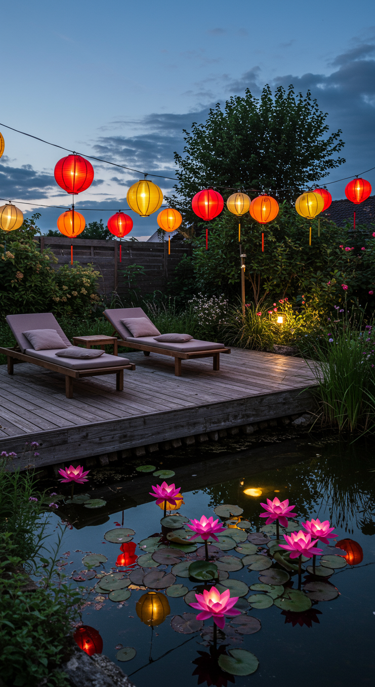 Holzterrasse mit Liegen am Teich, beleuchtet von Lampionkette und schwimmenden Lotuslichtern.