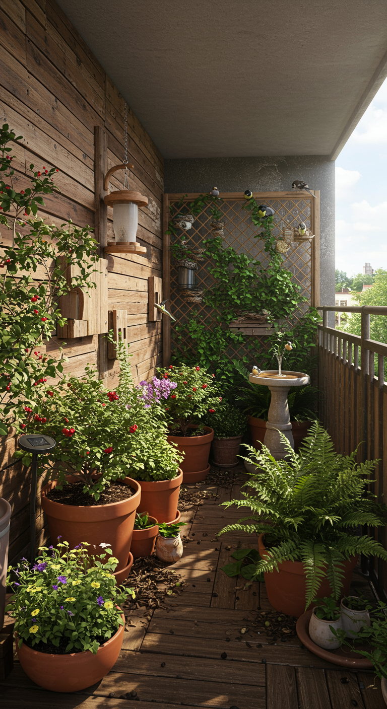 Rustikaler Holzbalkon mit vielen Terrakottatöpfen, Vogelhäuschen und Vogeltränke, belebt von Spatzen.