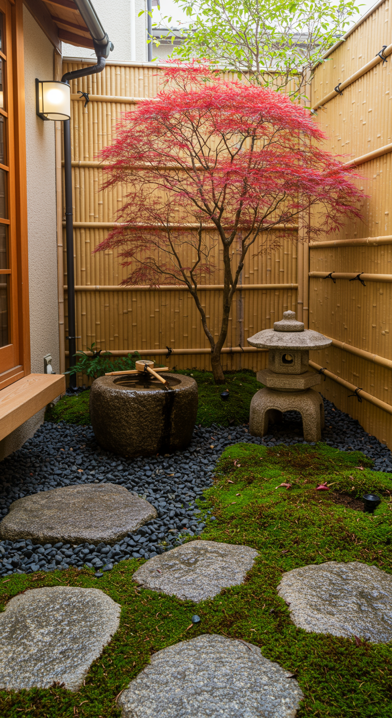 Kleiner japanischer Innenhofgarten mit rotem Ahorn, Steinlaterne und Wasserbecken.