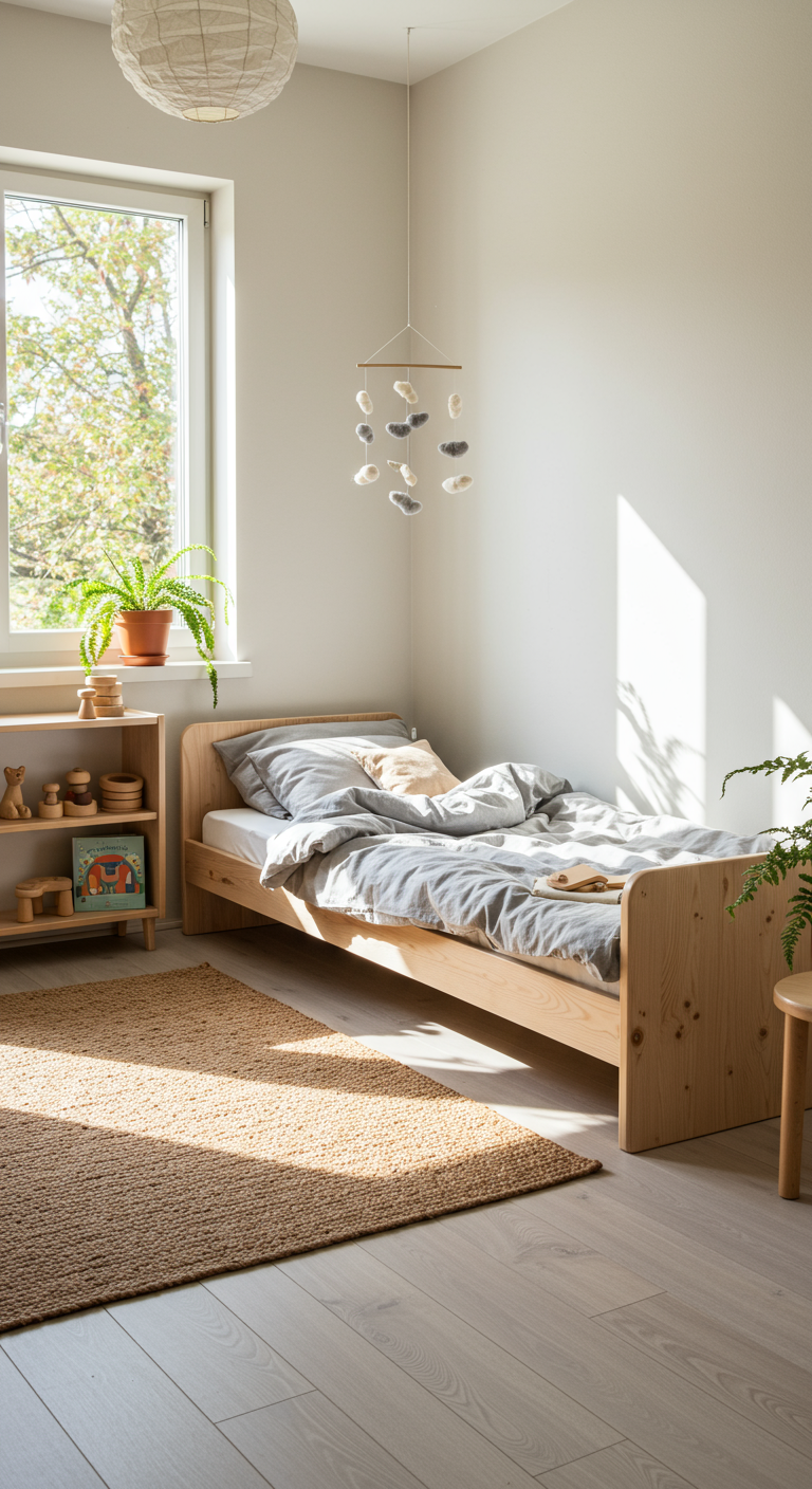 Helles Kinderzimmer mit Holzbett, Jute-Teppich und niedrigem Regal vor sonnigem Fenster.