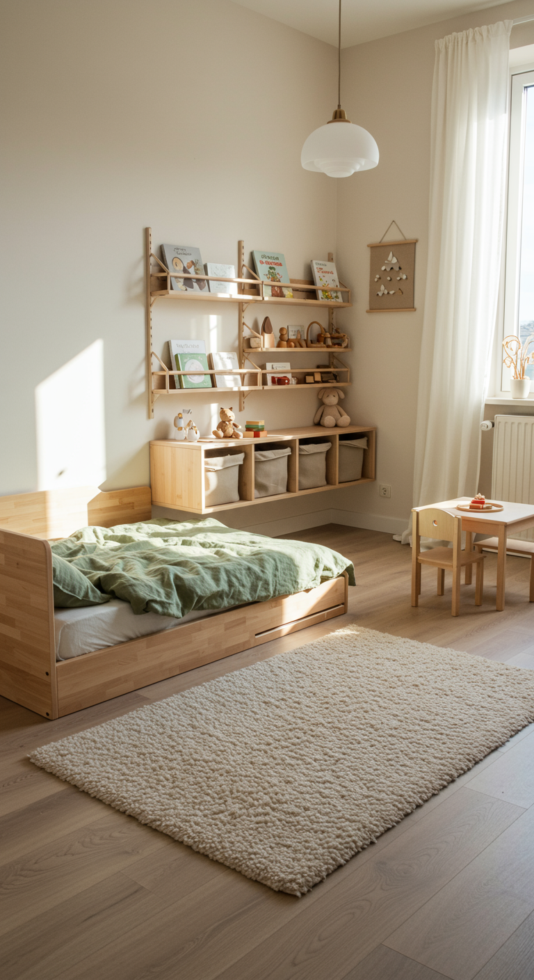 Helles Kinderzimmer mit Holzbett, Wandregalen und kleinem Tisch.