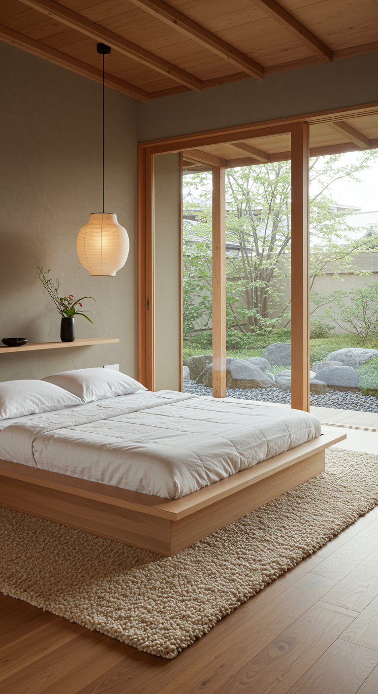 Helles Japandi-Schlafzimmer mit Holzbett und Blick in den japanischen Garten.