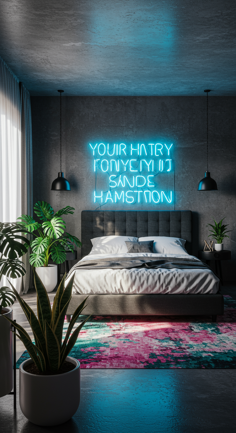 Modernes Schlafzimmer mit Betonwänden und blauem Neon-Schriftzug über dem Bett.