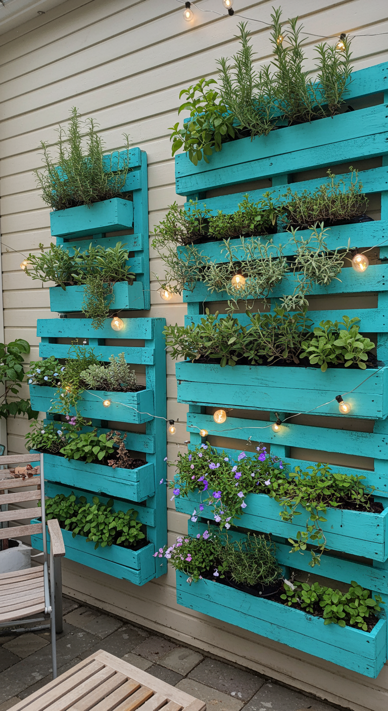 Türkis gestrichene Holzpaletten als vertikaler Garten mit Kräutern und Lichterkette.