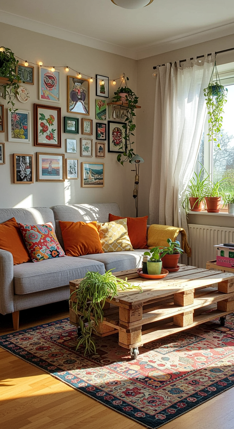 Wohnzimmer mit Palettentisch, bunter Bilderwand und vielen Pflanzen.