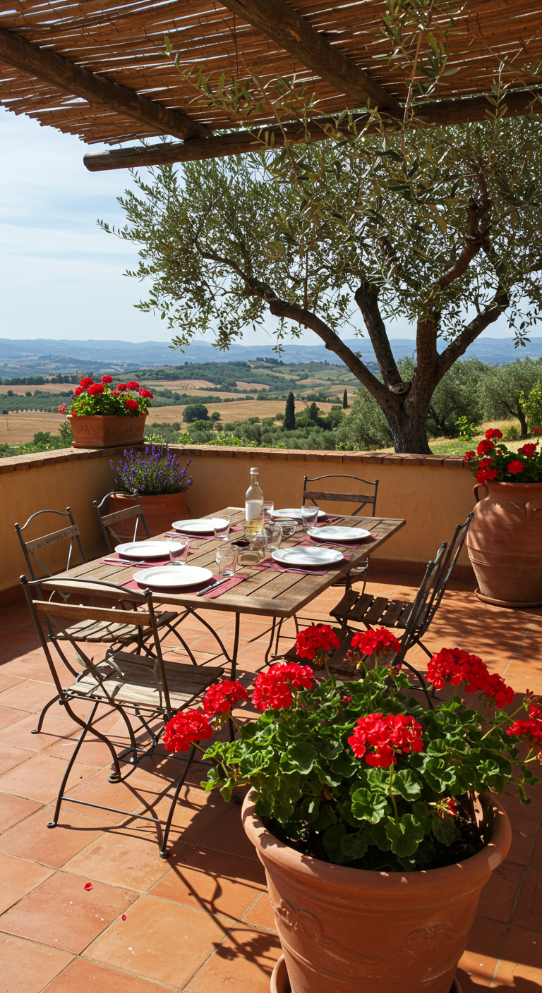 Terrasse mit gedecktem Tisch, Olivenbaum, Terrakotta-Töpfen und Blick auf die Landschaft.