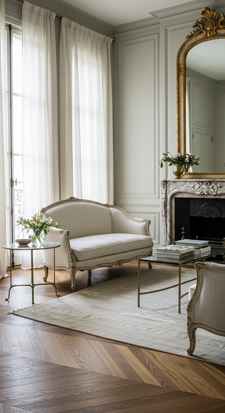 Elegantes Pariser Wohnzimmer mit Stuck, Goldspiegel und cremefarbenem Sofa.