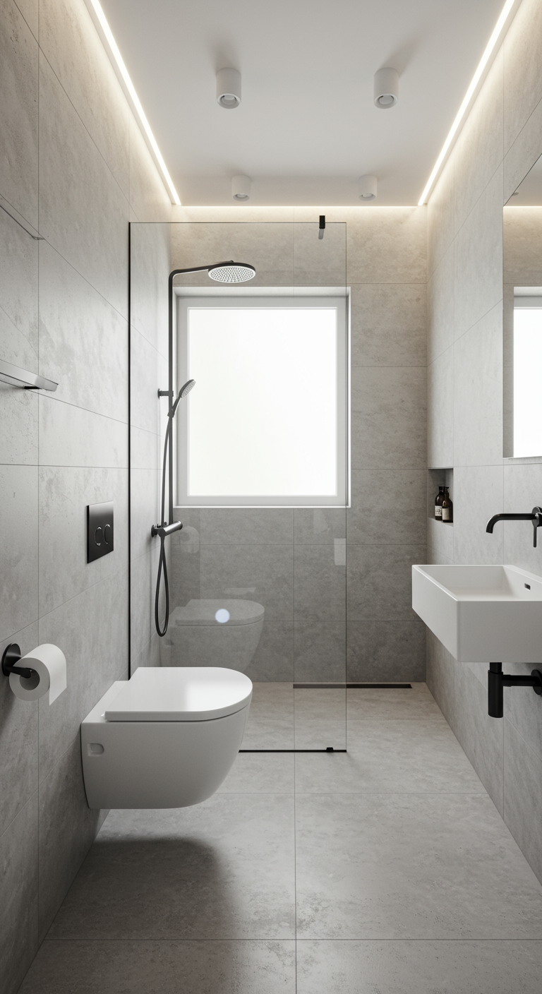 Modernes Bad in Grau mit bodengleicher Dusche und indirekter Beleuchtung.