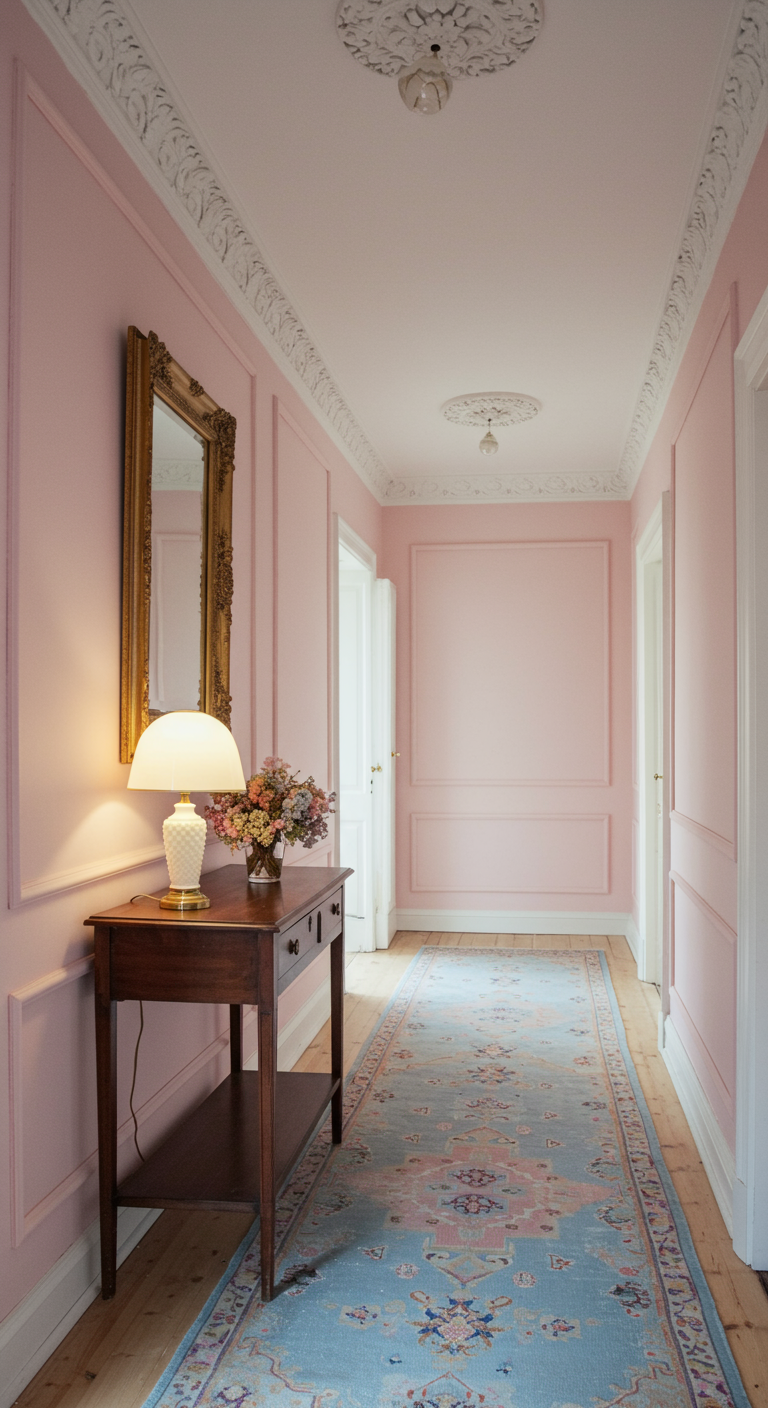 Langer Flur in Rosa mit Vintage-Konsole, Goldspiegel und Läufer.