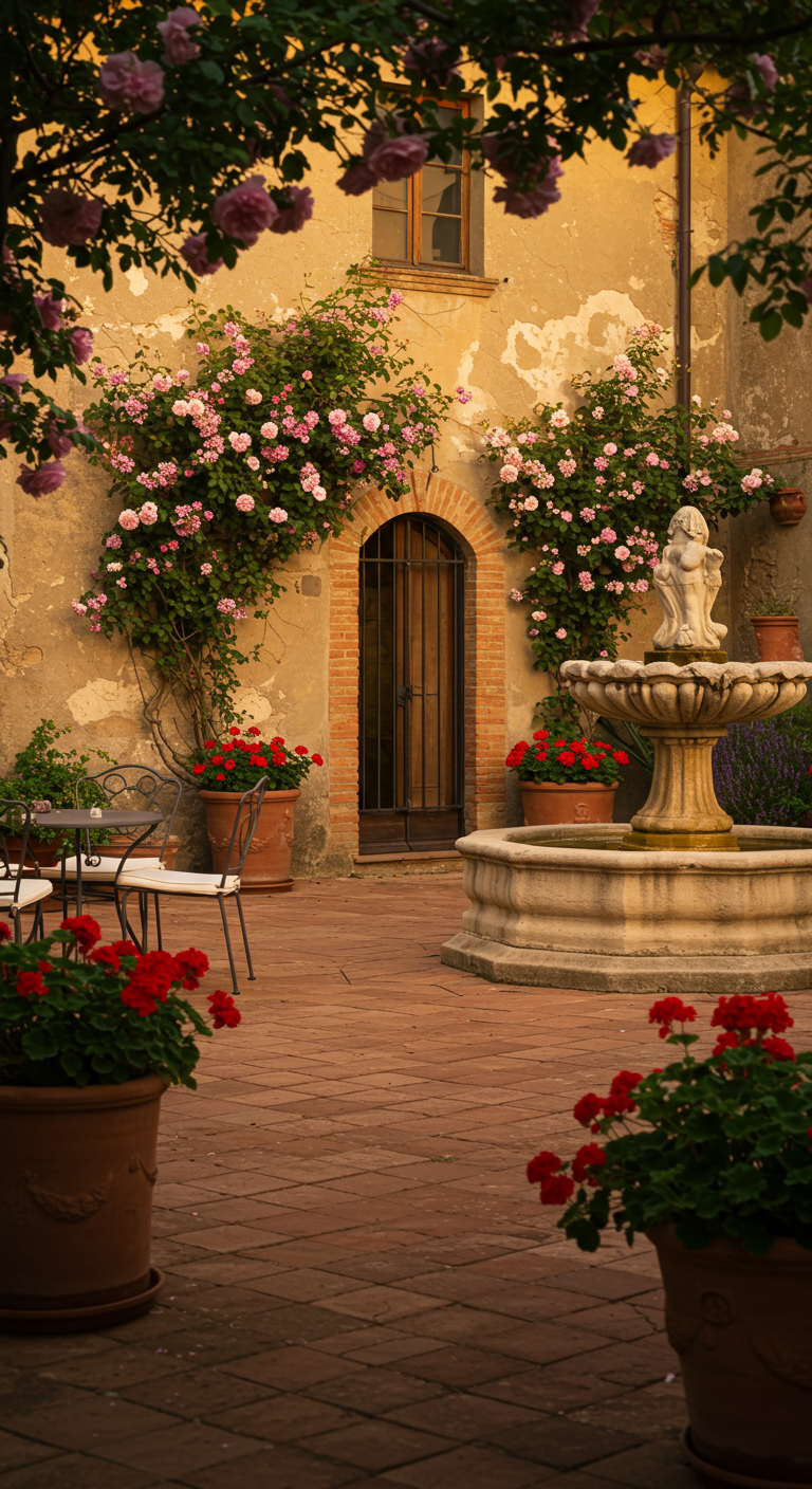Italienischer Innenhof mit Rosen, Terrakotta-Töpfen und Brunnen.