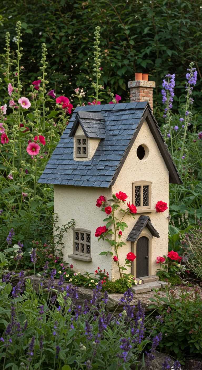 Cremeweißes Vogelhaus mit schiefergrauem Dach und roten Kletterrosen in üppigem Garten.
