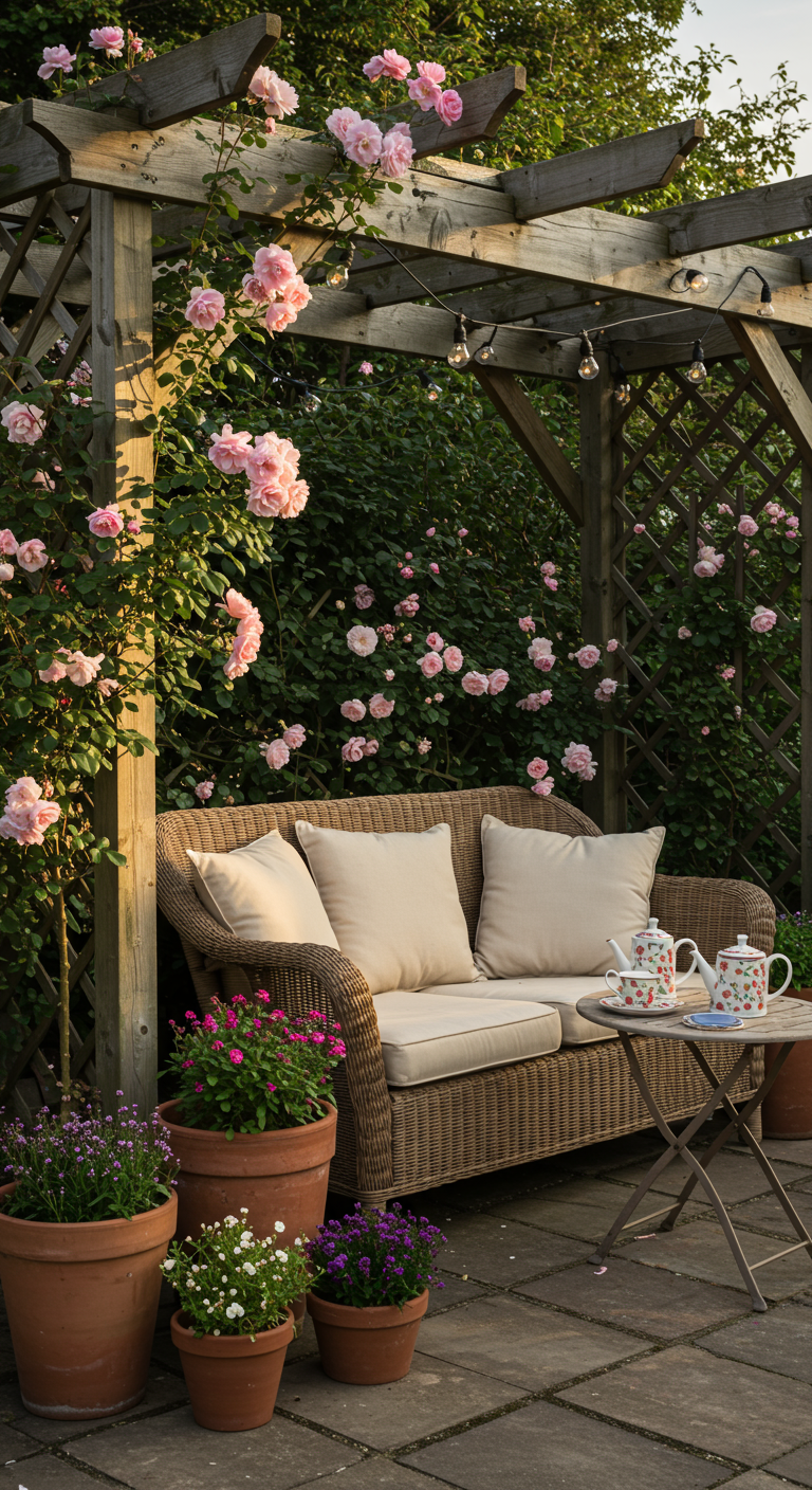 Romantische Sitzecke unter einer mit rosa Rosen bewachsenen Pergola.