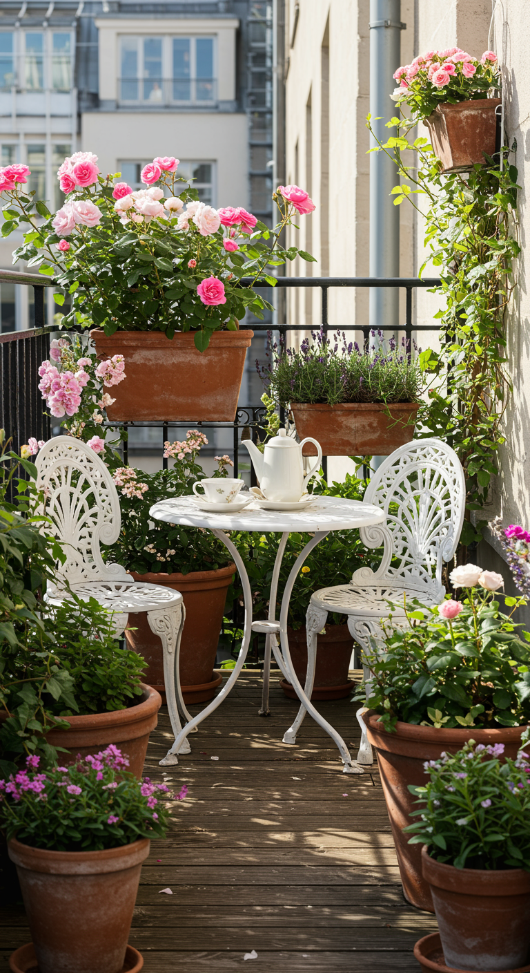 Weißes Bistro-Set auf Holzdielen-Balkon, umgeben von rosa Rosen in Terrakotta-Töpfen.