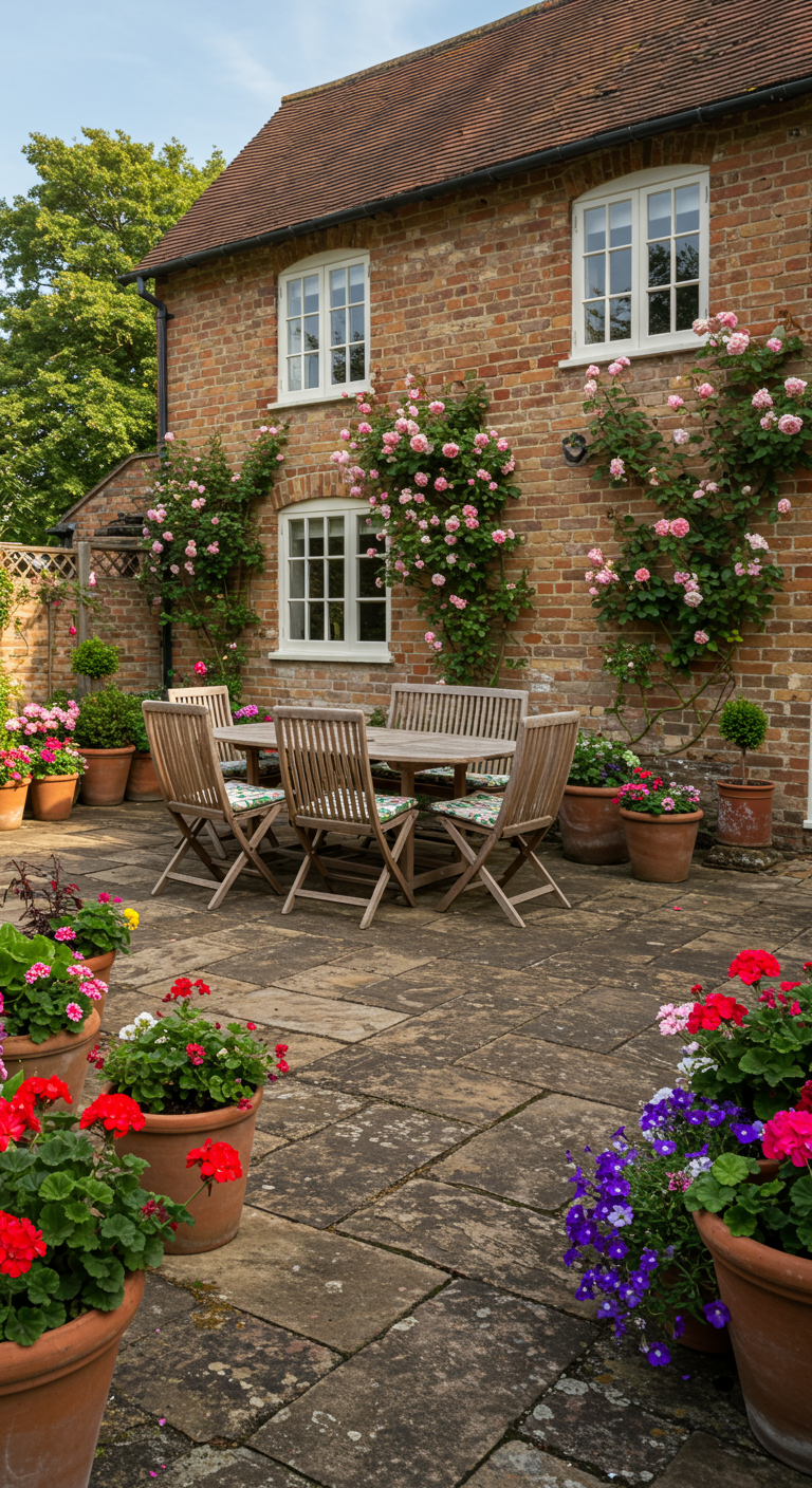 Englische Terrasse mit Backsteinhaus, Holzmöbeln und vielen Blumentöpfen mit Rosen und Geranien.