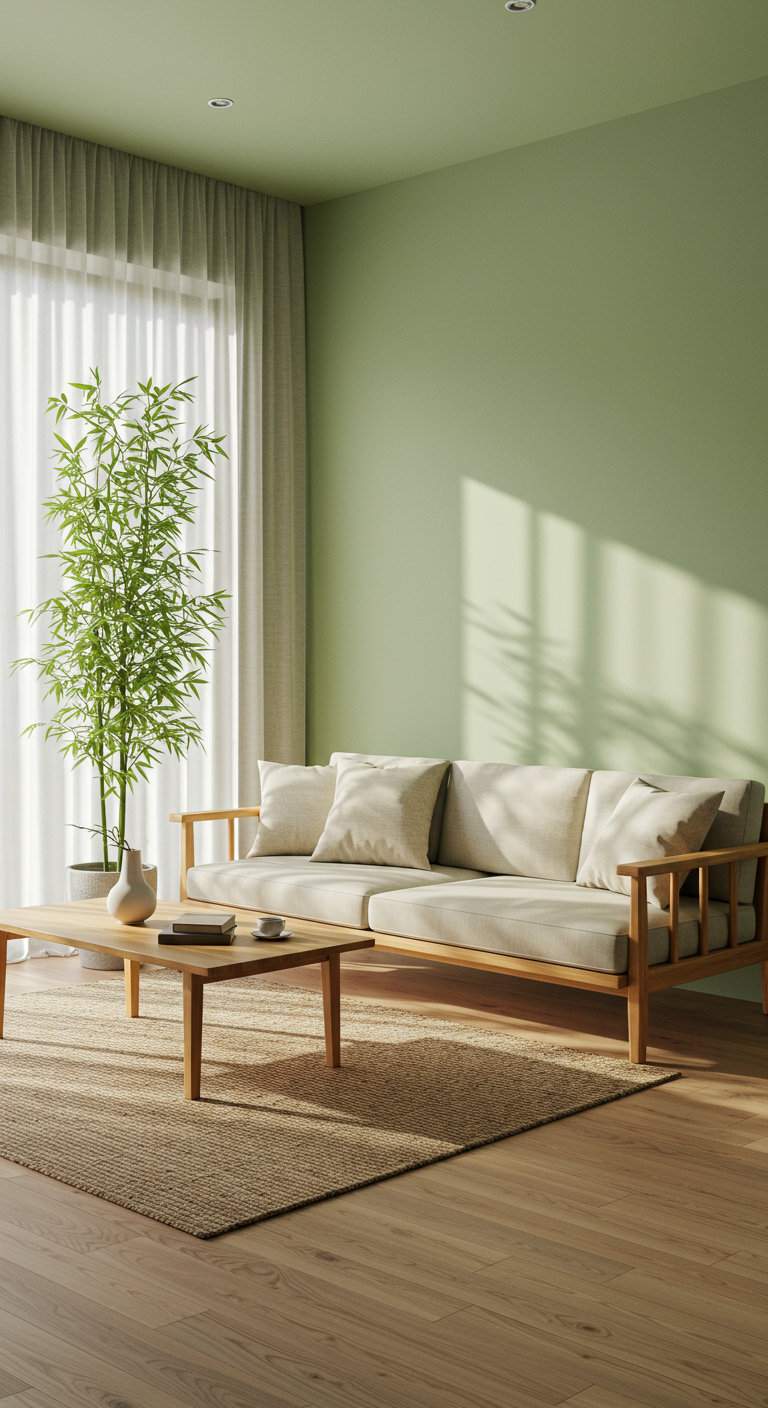 Helles Japandi Wohnzimmer mit salbeigrünen Wänden, Holzboden und Bambuspflanze.