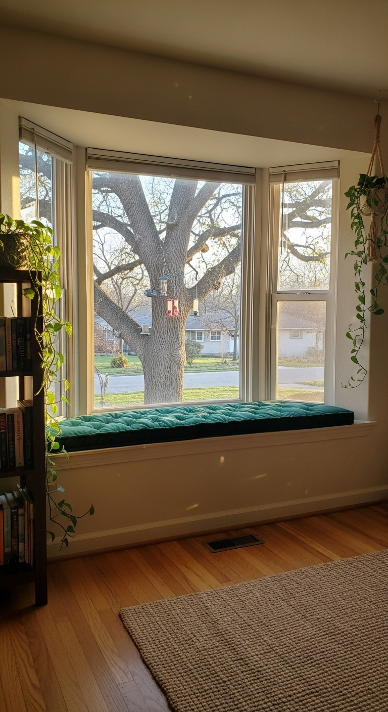 Breites Erkerfenster mit smaragdgrünem Samtpolster und Blick auf einen Baum.