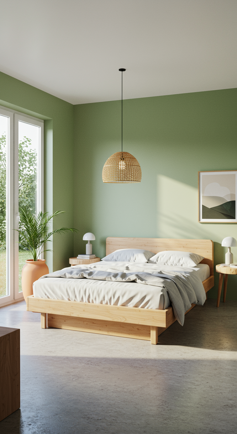 Helles Schlafzimmer mit salbeigrünen Wänden und Holzbett.