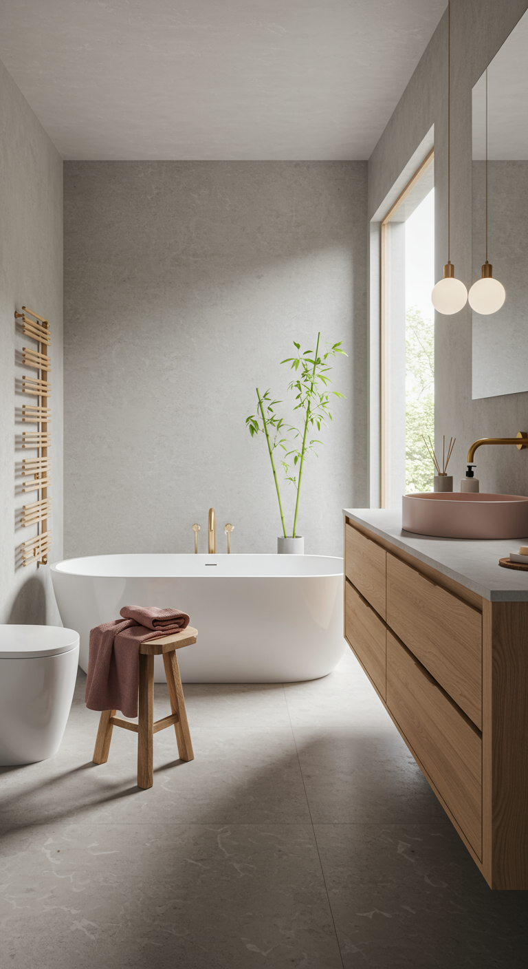 Modernes Japandi-Bad mit Betonwänden, Holzvanity und rosa Waschbecken.