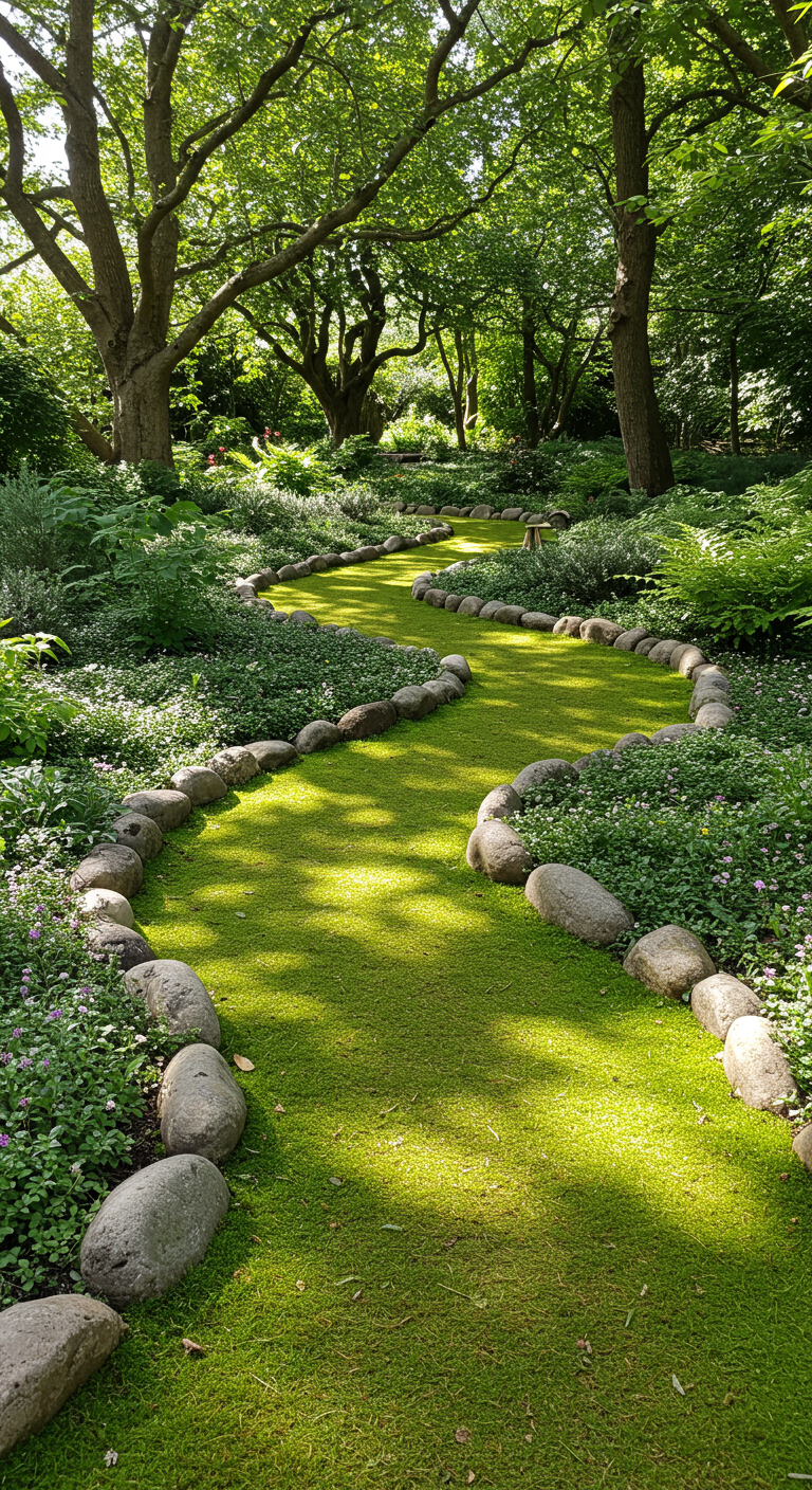 Gewundener grüner Gartenweg mit Flusssteinen als Begrenzung.