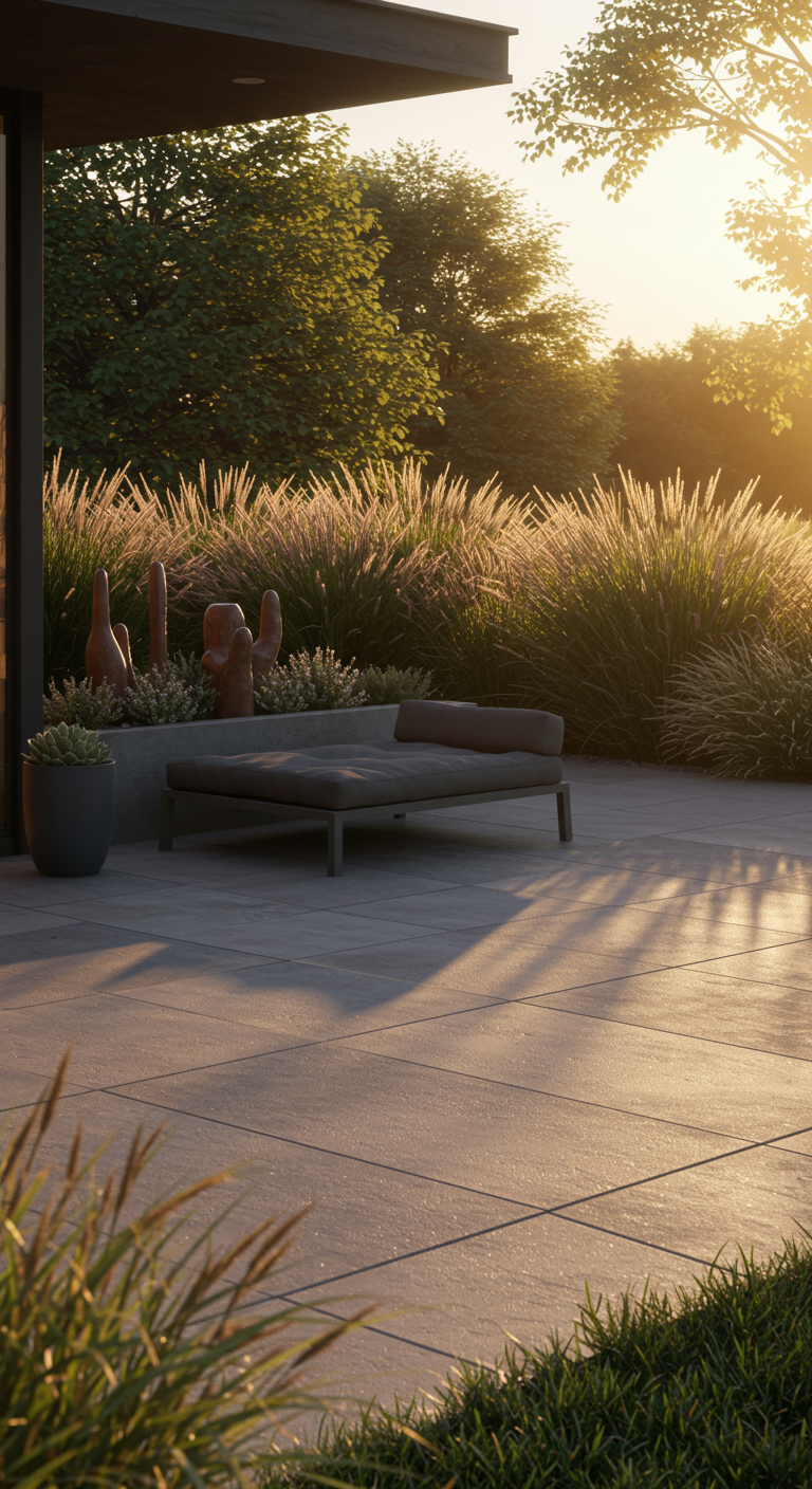 Sonnige Terrasse mit minimalistischer, flacher Haustierliege und Ziergräsern bei Sonnenuntergang.