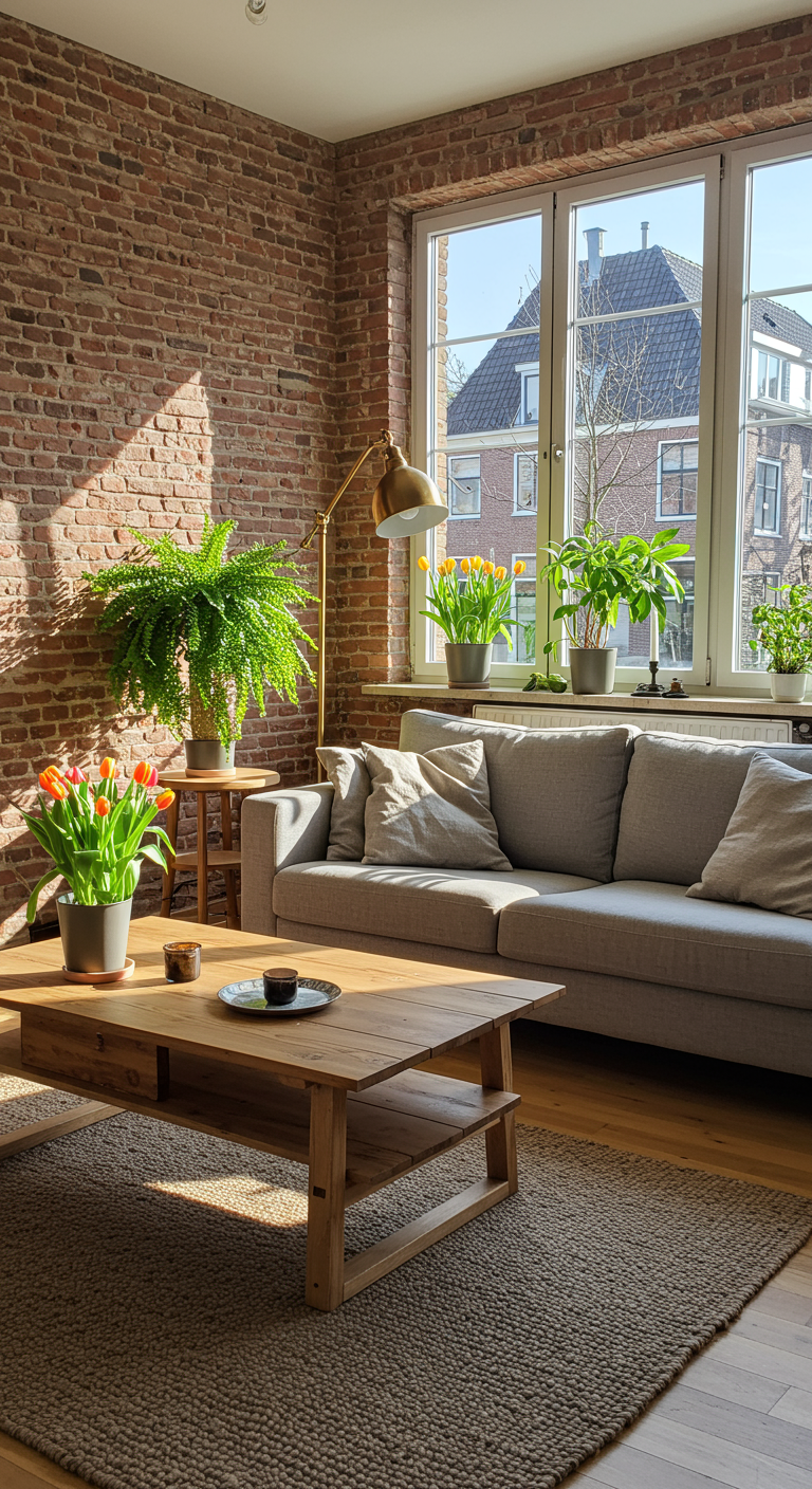 Wohnzimmer mit roter Backsteinwand, grauem Sofa, Holztisch und Tulpen bei Sonnenschein.