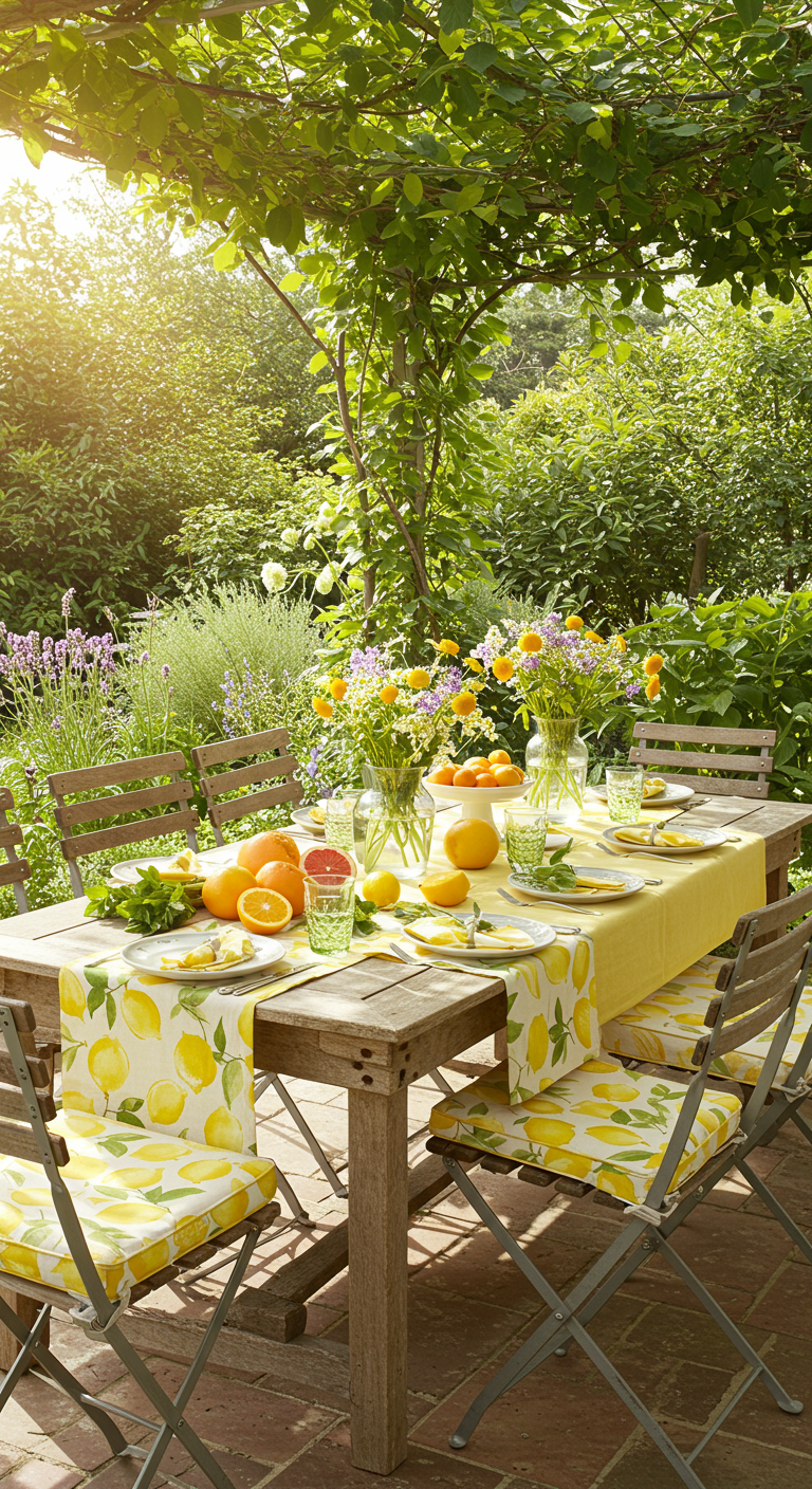 Sonnig gedeckter Gartentisch mit Zitronenmuster-Tischläufer und gelben Akzenten.