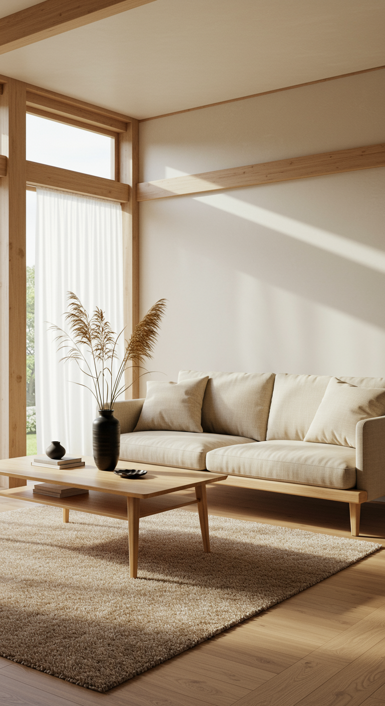 Helles Japandi Wohnzimmer mit beigem Sofa und Holzelementen.