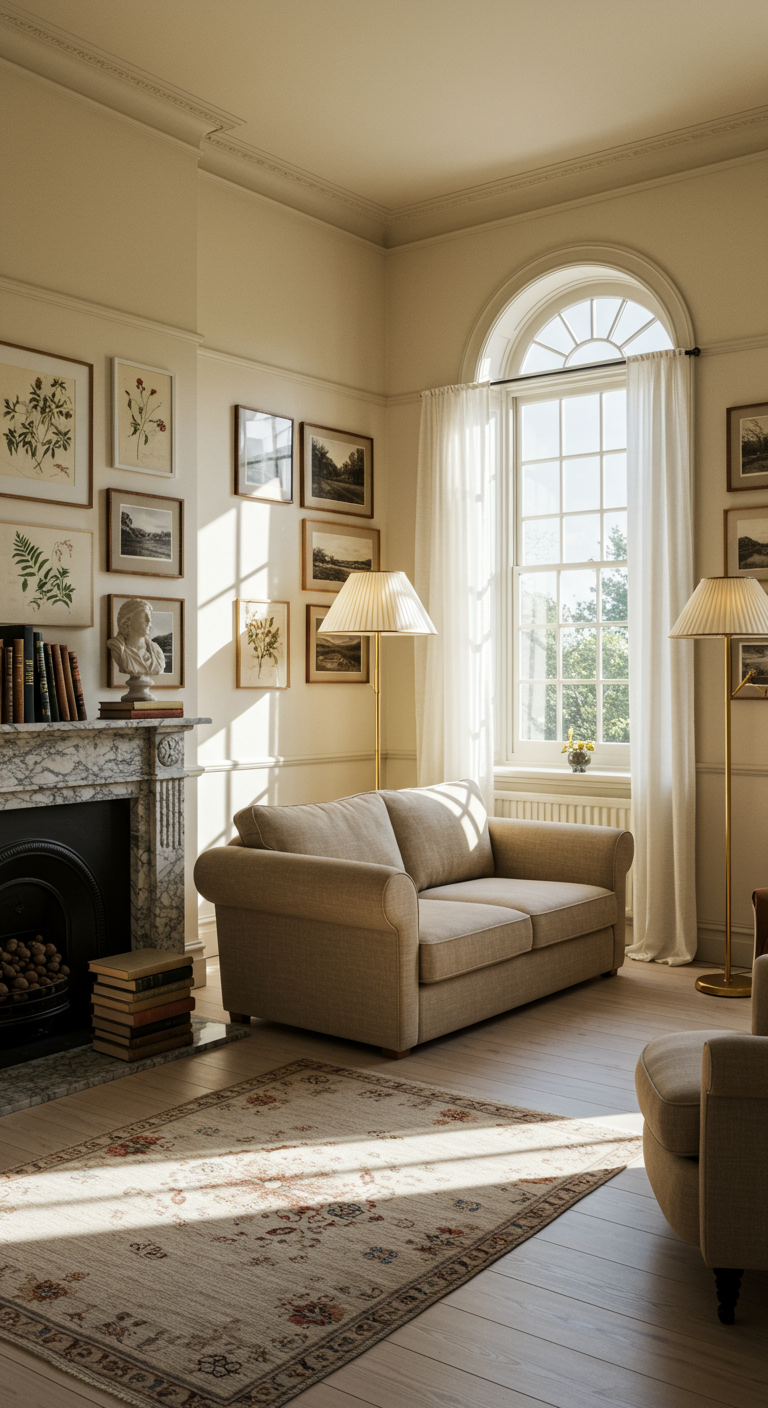 Helles Light Academia Wohnzimmer mit Sofa, Galerie botanischer Drucke und Kamin.