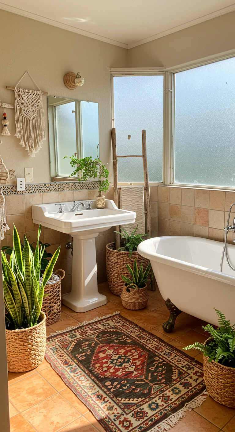 Helles Boho-Badezimmer mit Pflanzen, Makramee und freistehender Wanne.