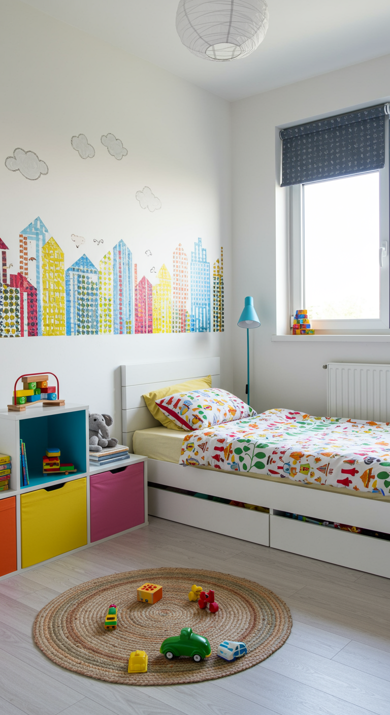 Helles Kinderzimmer mit Skyline-Wandbild, Bett mit Schubladen und buntem Regal.