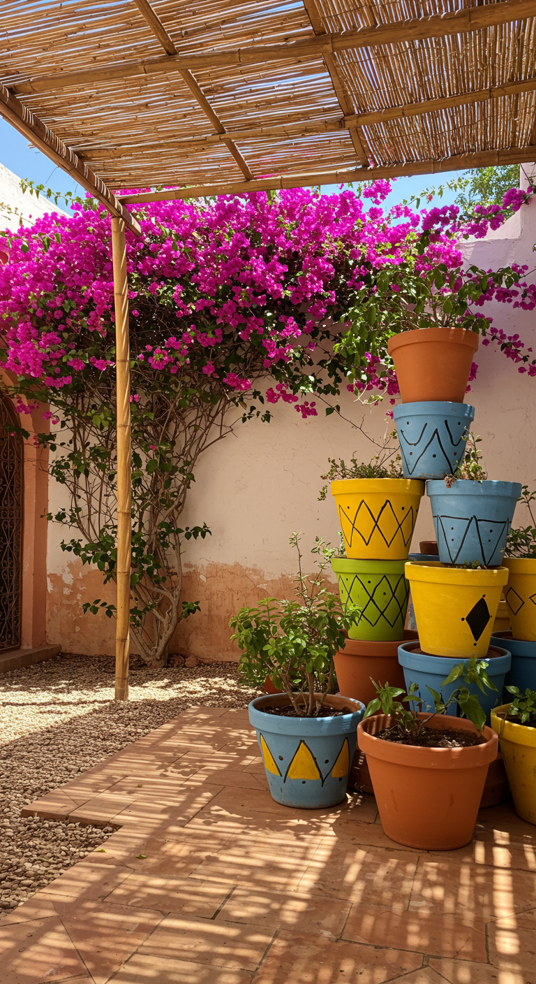 Bunt bemalte Terrakotta-Töpfe unter Bambusdach, daneben blühende Bougainvillea.