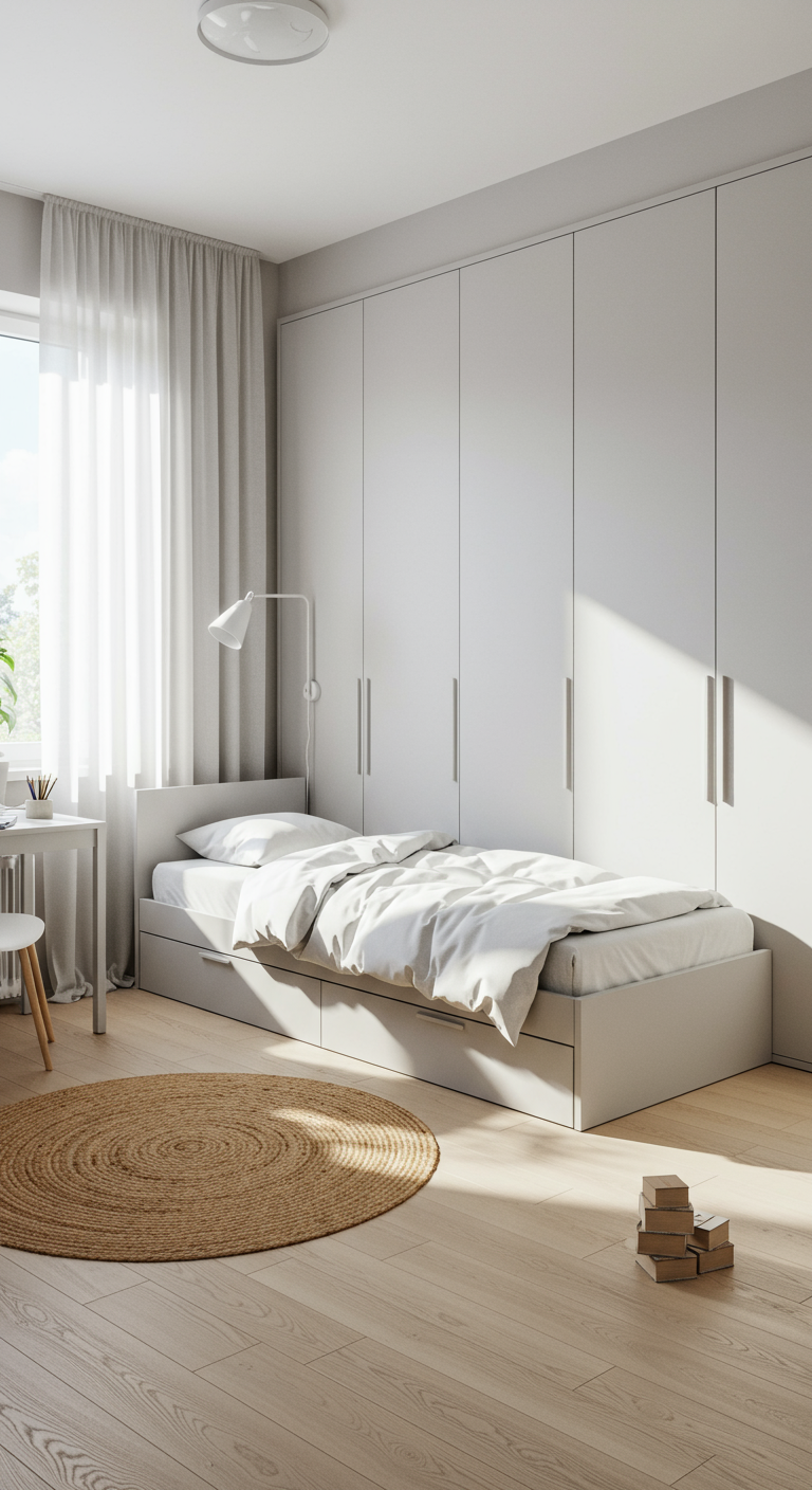 Helles, minimalistisches Schlafzimmer mit großem Einbauschrank und Bett mit Schubladen.