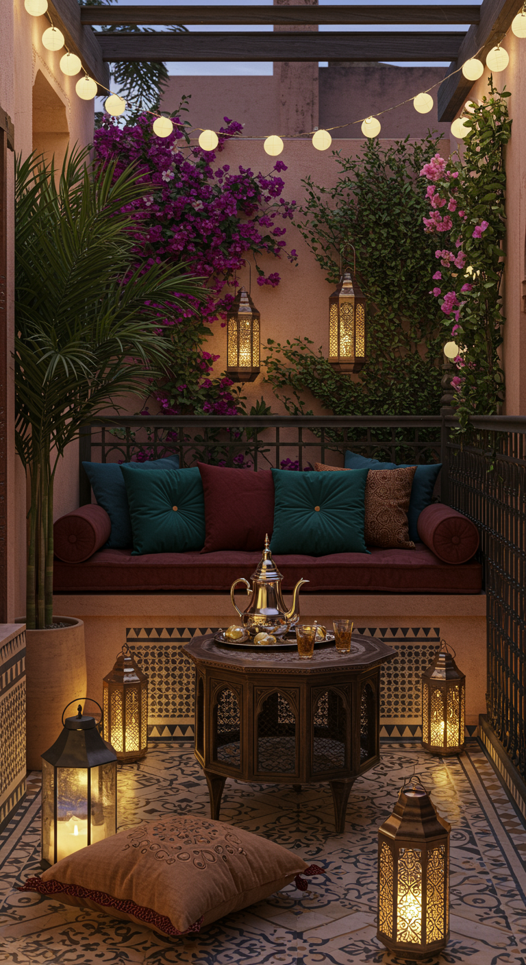 Marokkanischer Balkon bei Nacht mit Laternen, Polstern und Pflanzen.