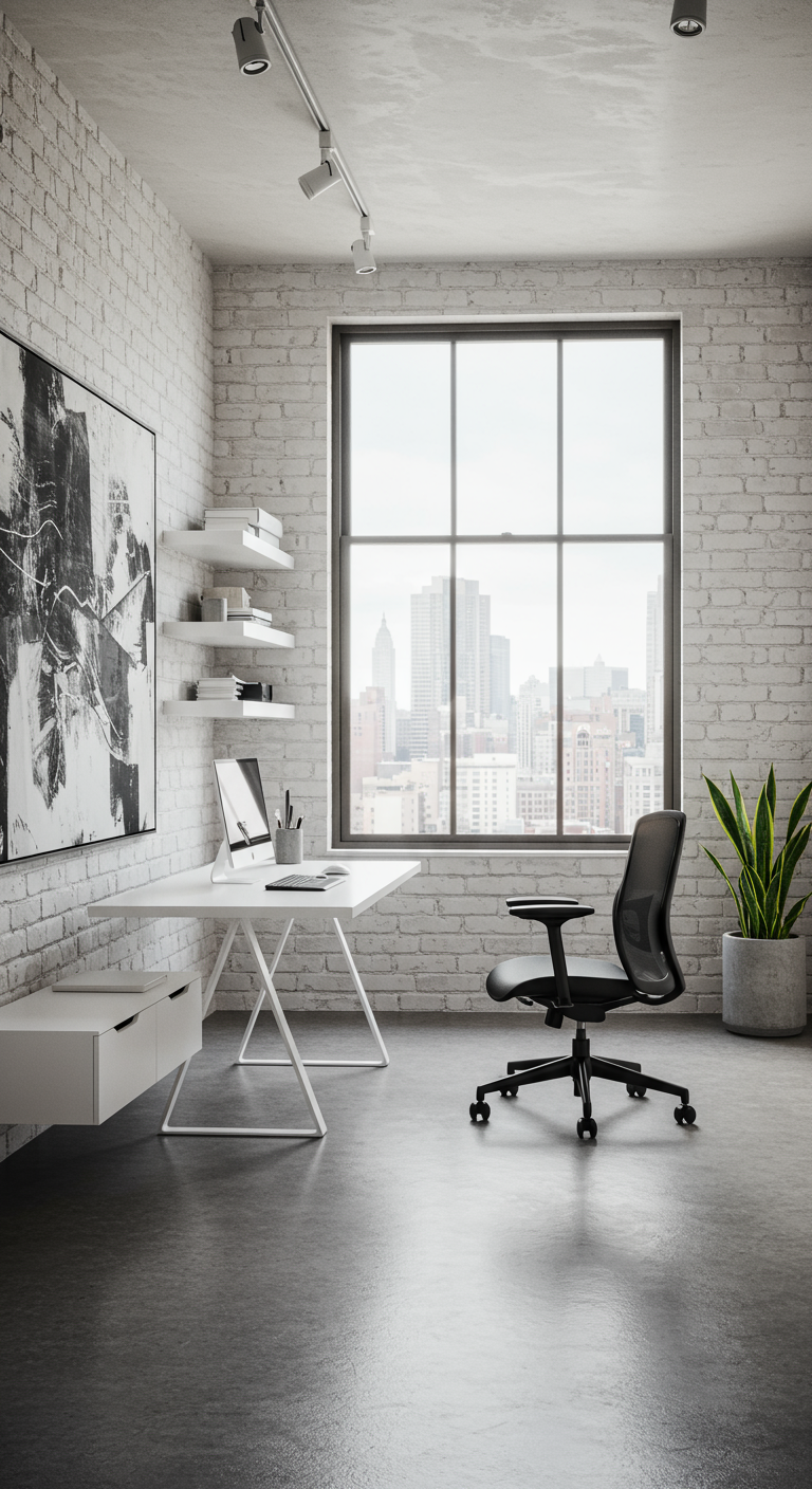 Modernes Home-Office im Loft-Stil mit Backsteinwand und Stadtblick.