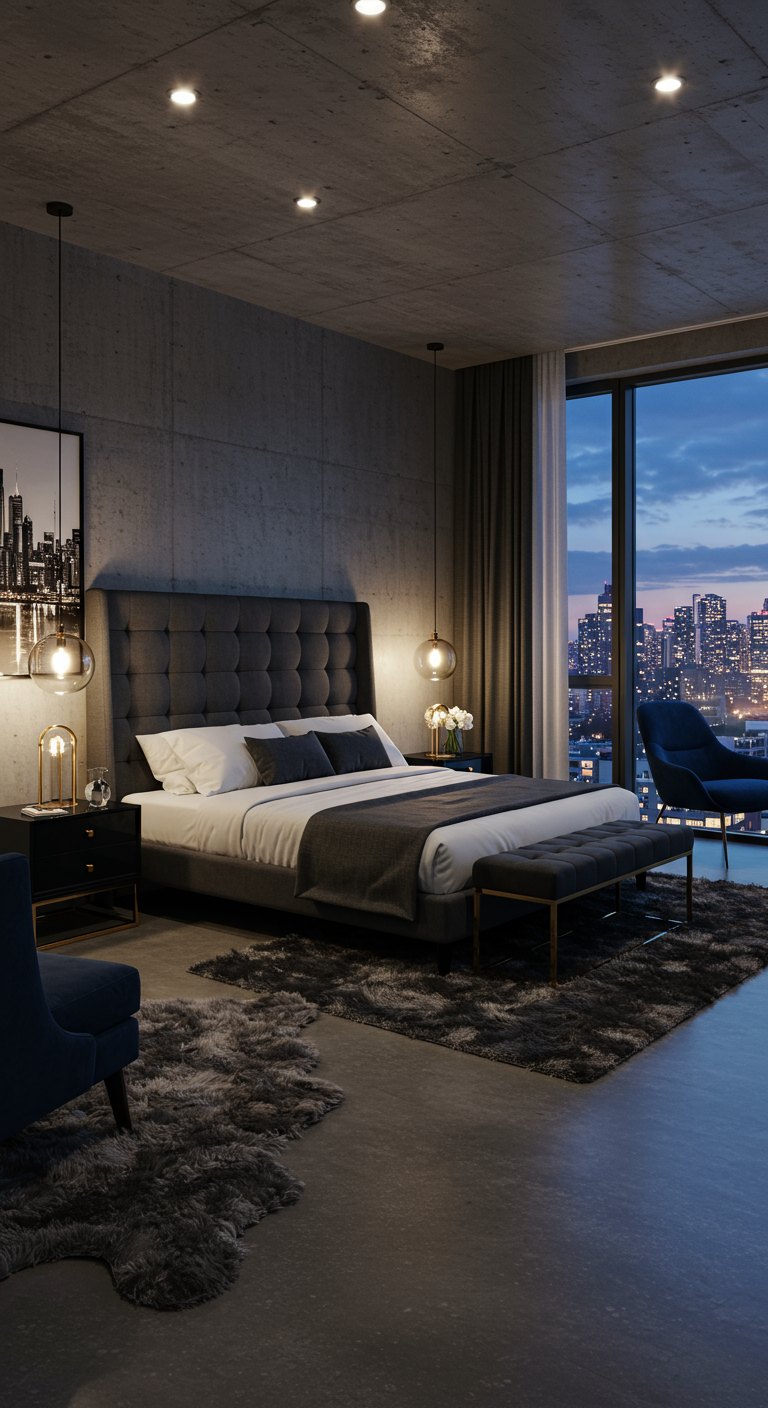 Modernes Schlafzimmer mit Betonwänden, großem Fenster mit Stadtblick und grauem Polsterbett.