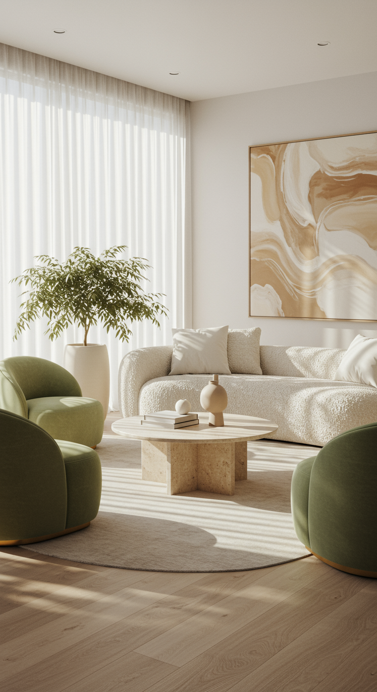 Helles Wohnzimmer mit geschwungenem Bouclé-Sofa und olivgrünen Sesseln.
