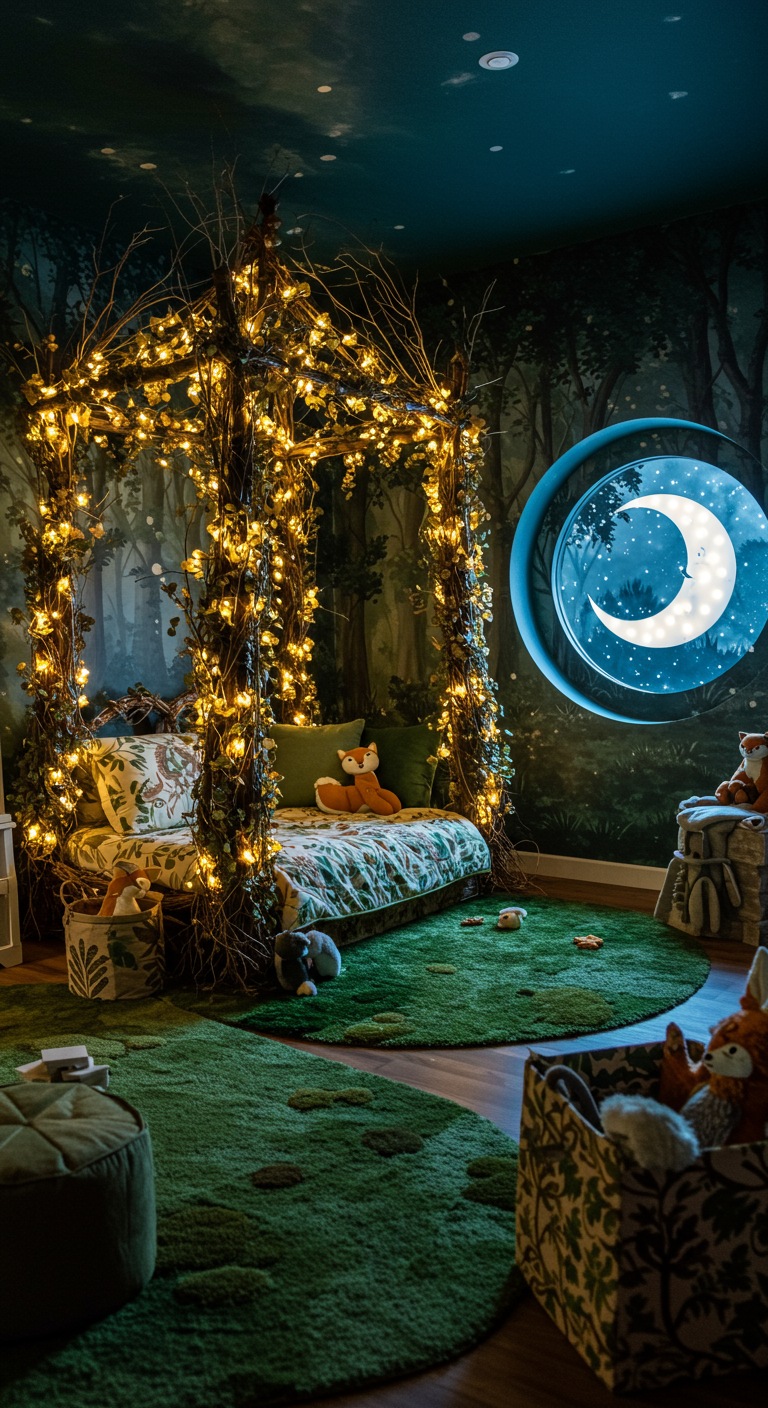 Kinderzimmer mit Ast-Bett, Lichterketten, Wald-Tapete und Mondfenster.