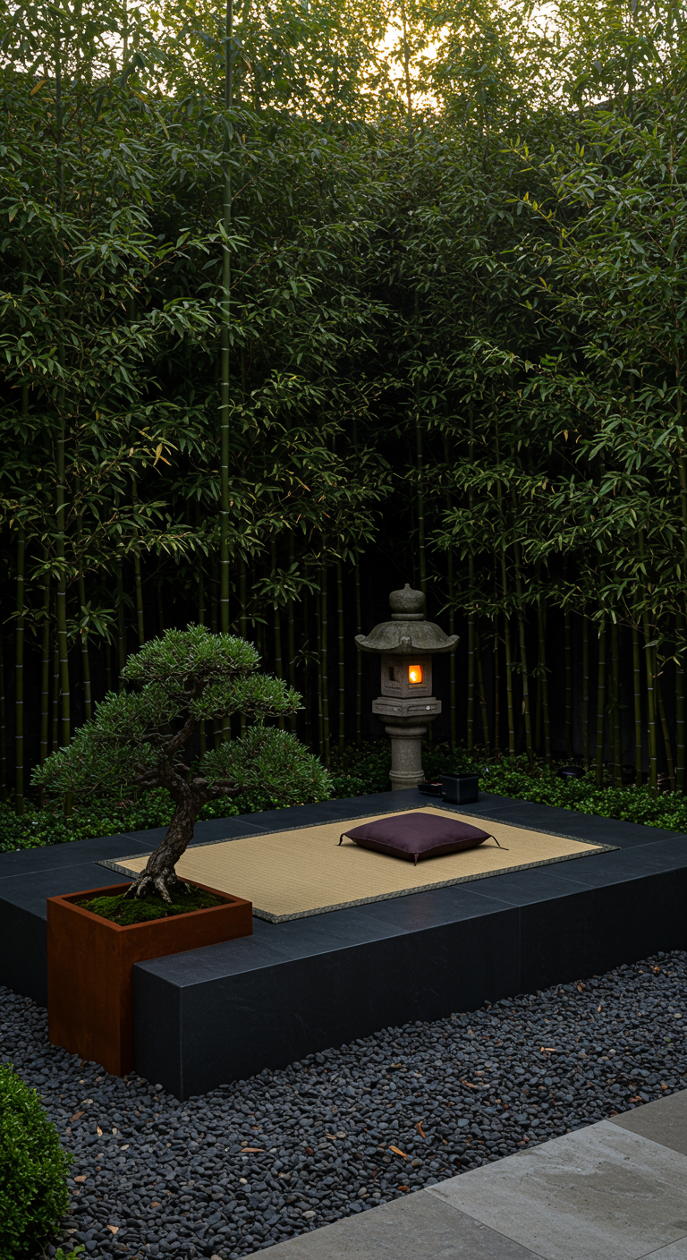 Moderne Meditationsplattform mit Tatami, Bonsai und Laterne vor Bambus.