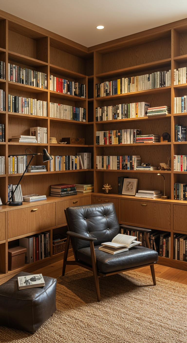 Japandi Bibliotheksecke mit Holzregalen und Ledersessel.