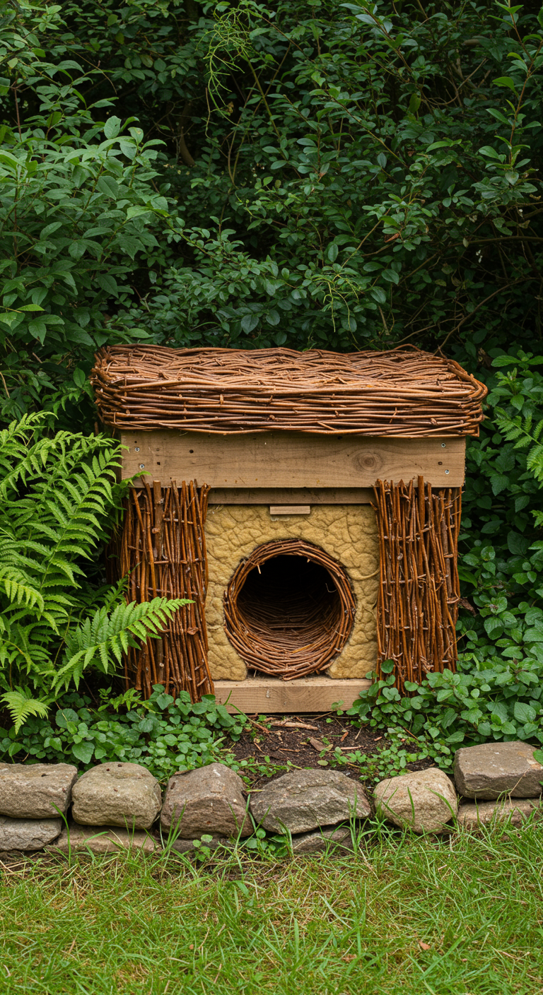 Kleines, mit Weiden geflochtenes Bienenhaus oder Insektenhotel im Grünen.