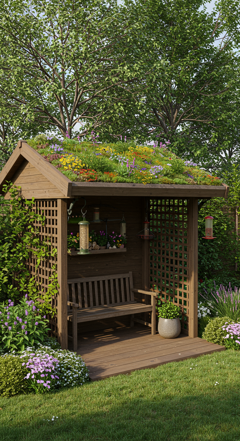 Gartenhaus mit grünem Blumendach, Sitzbank und Vogelfutterstationen.